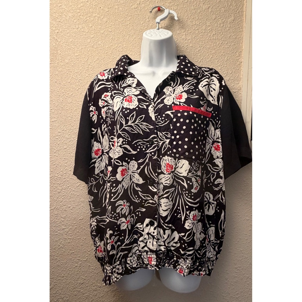 Alfred Dunner Floral Polka Dot Mixed Print Smocked Hem Blouse XL Black White Red